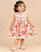 Infant floral printed frock with pin tuck yoke and ruffles for day party and summer outing