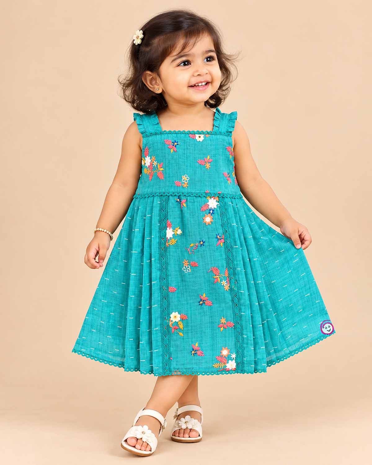 Baby girl embroidered cotton frock with ruffled straps and lace trims for birthday party and festive gathering