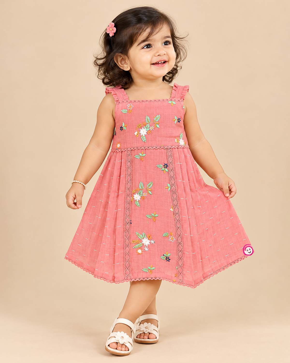 Little girl embroidered slub cotton frock with ruffled straps and lace trims for birthday party and family event