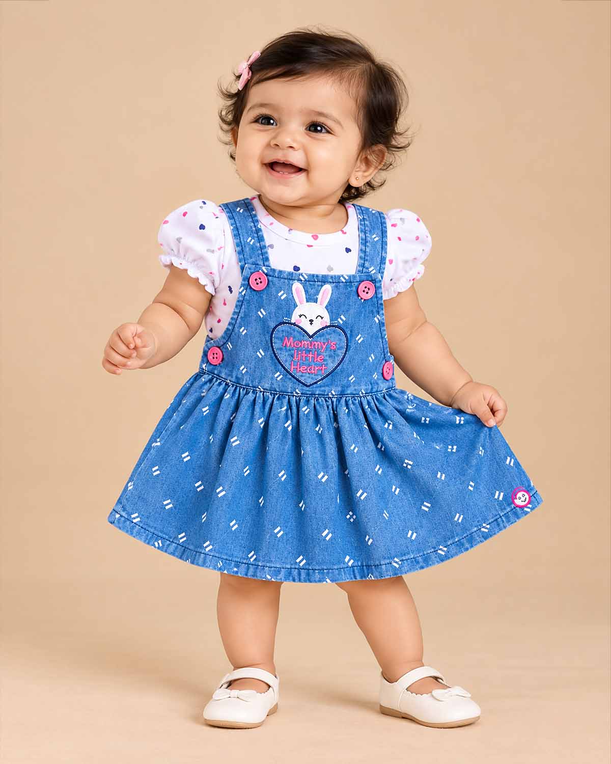 Baby girl clothes printed pinafore dress with heart top set and bunny motif