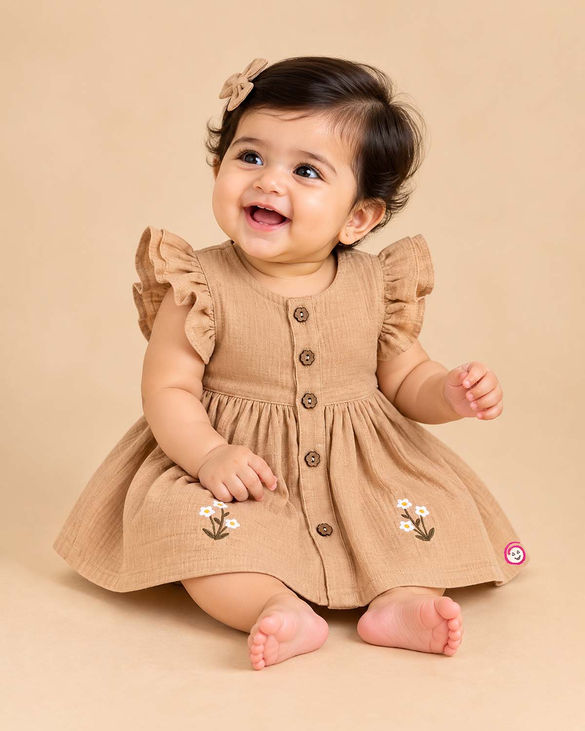 Infants frock with front button placket, floral embroidery, and frill sleeves for girls