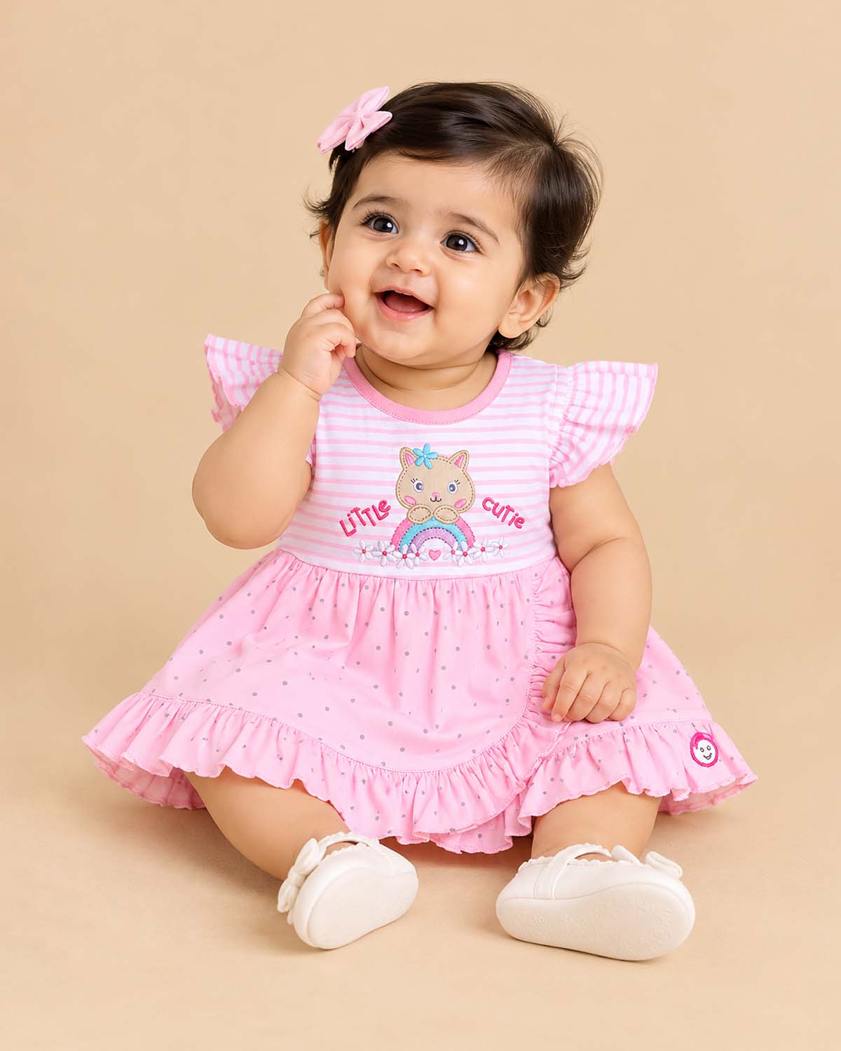 Pink striped and polka dot infants frock with frill sleeve and kitty applique