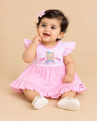 Pink striped and polka dot infants frock with frill sleeve and kitty applique