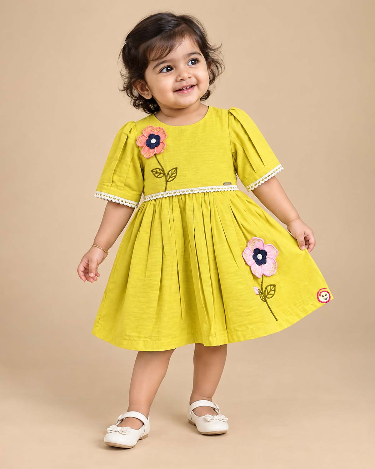 Little Girl Floral Cotton Frock Tiered Midi Dress with Pleated Sleeves for Birthday Party
