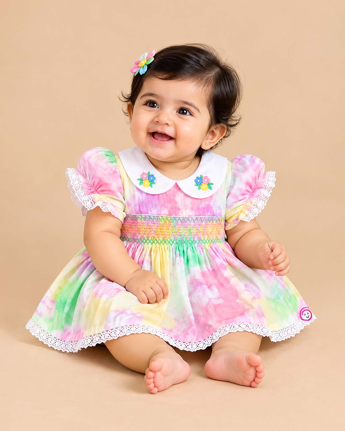 Multicolor infants frock with round neck and white lace trim