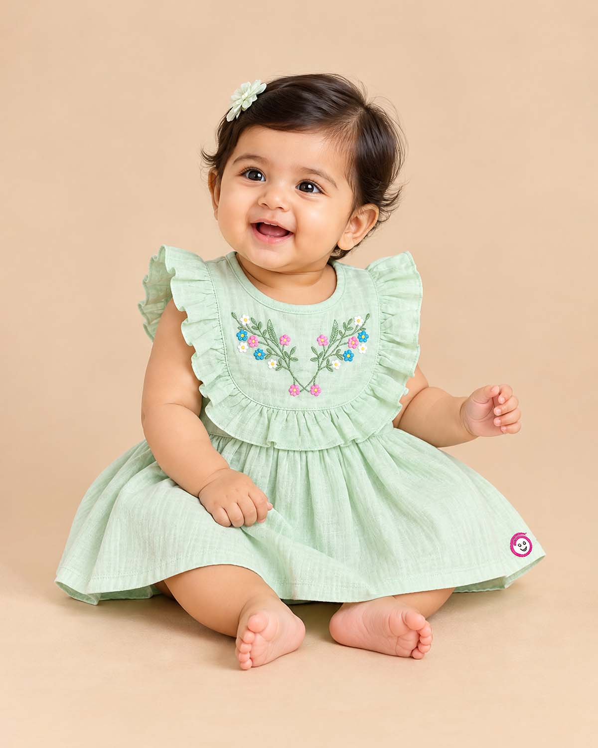 Light green baby girl infants frock with floral embroidery and frill sleeve