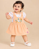 Floral print  layered infants frock with duck embroidery on front bib