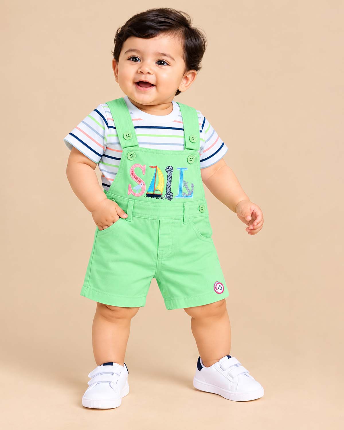 Baby boy striped t-shirt and green dungaree shorts set baby clothes
