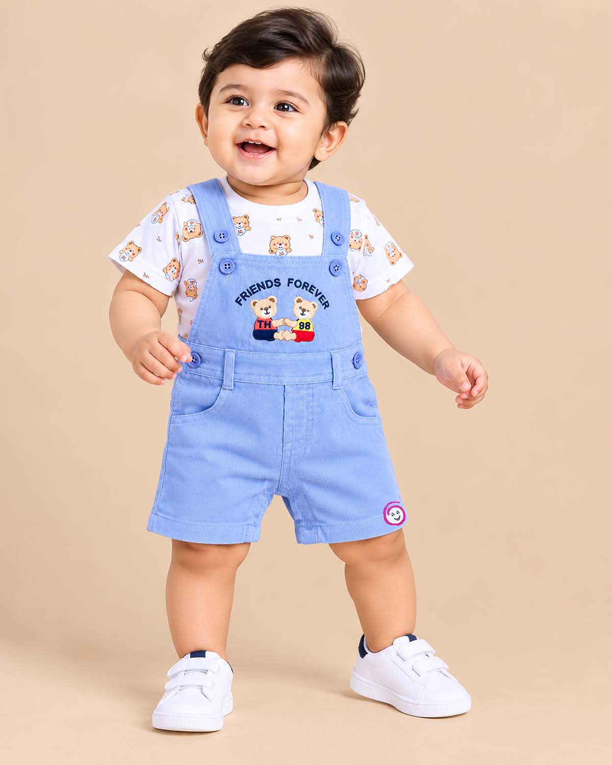 Baby boy printed t-shirt with blue bear embroidery dungaree shorts set