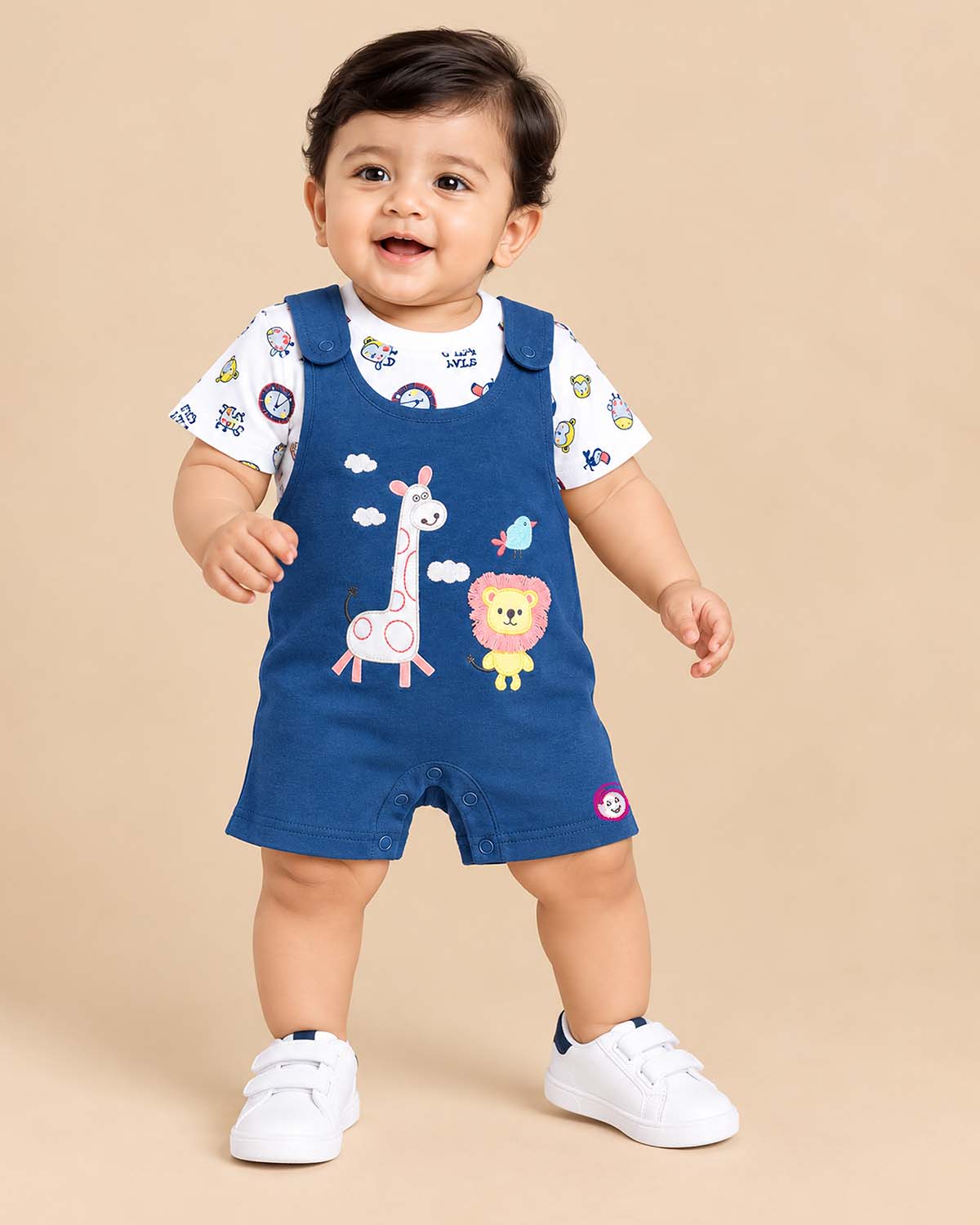 Baby boy printed short sleeve t-shirt and blue animal graphic short romper set