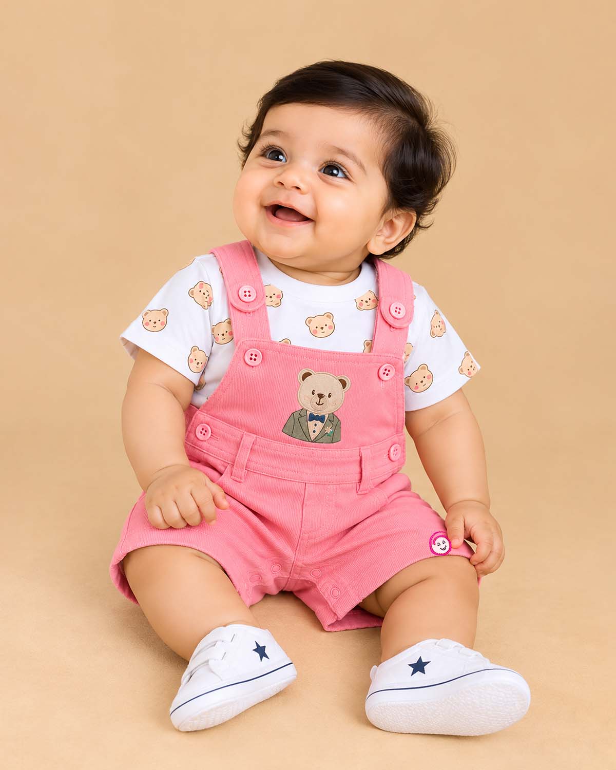 Baby boy pink dungaree shorts with printed teddy bear t-shirt set