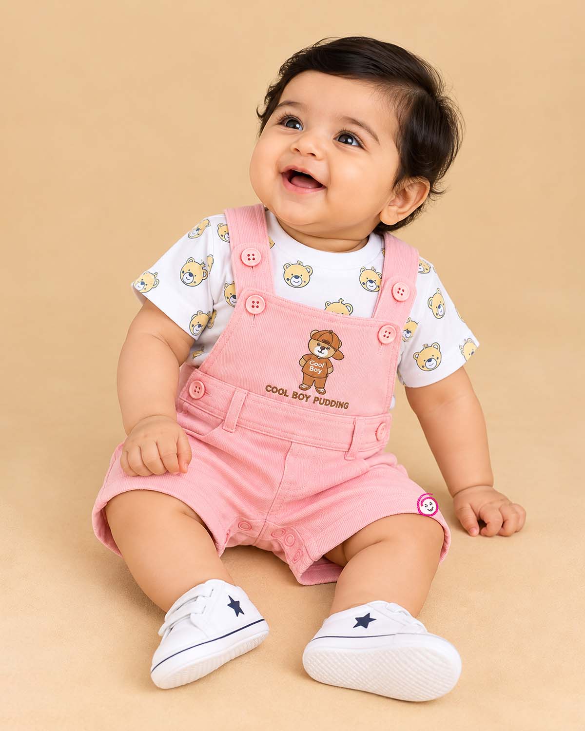 Baby clothes set featuring printed t-shirt and dungaree shorts with bear patch for toddler boys