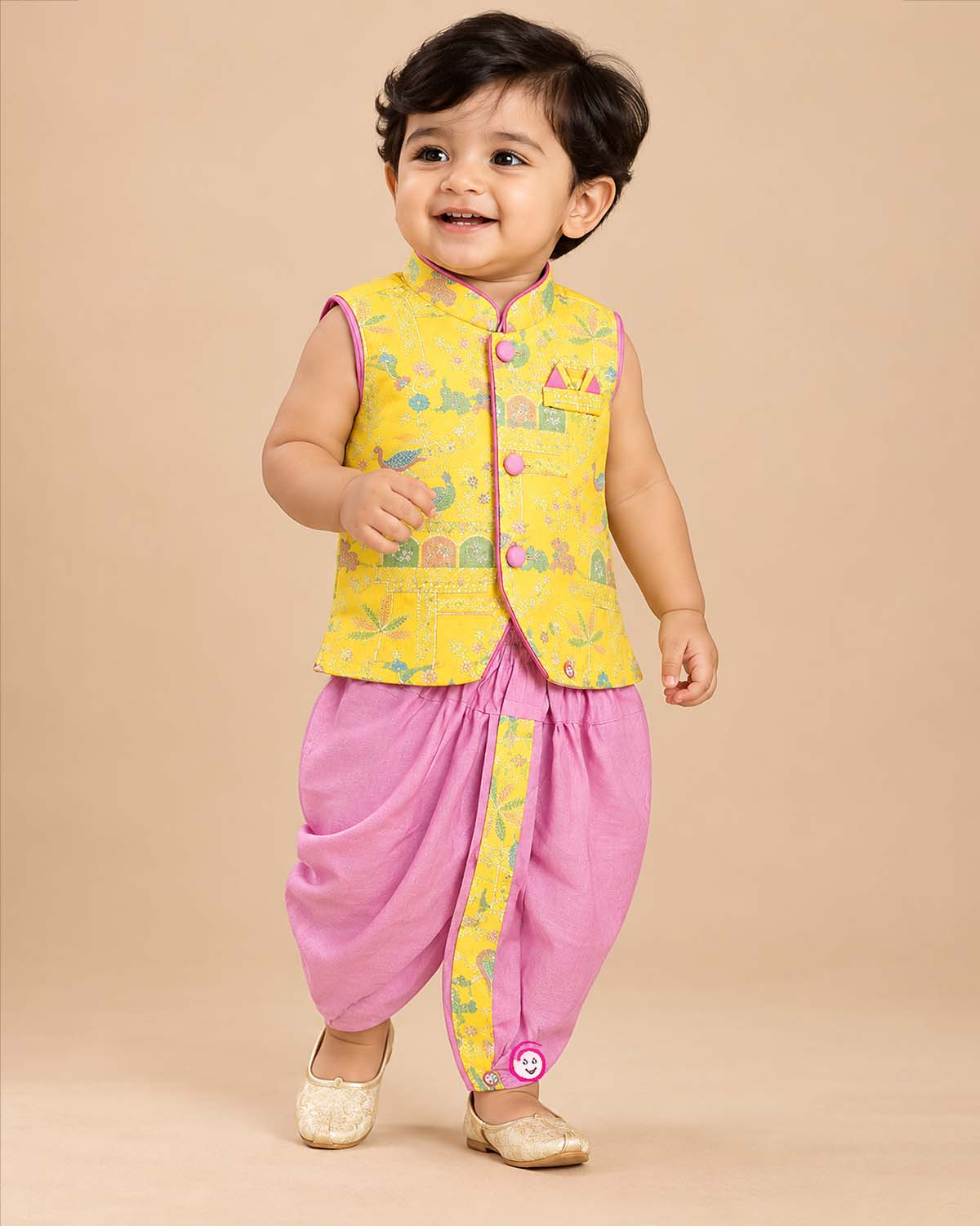 Boys printed Nehru jacket and dhoti set featuring Mandarin collar, button closure, and pocket square detail.