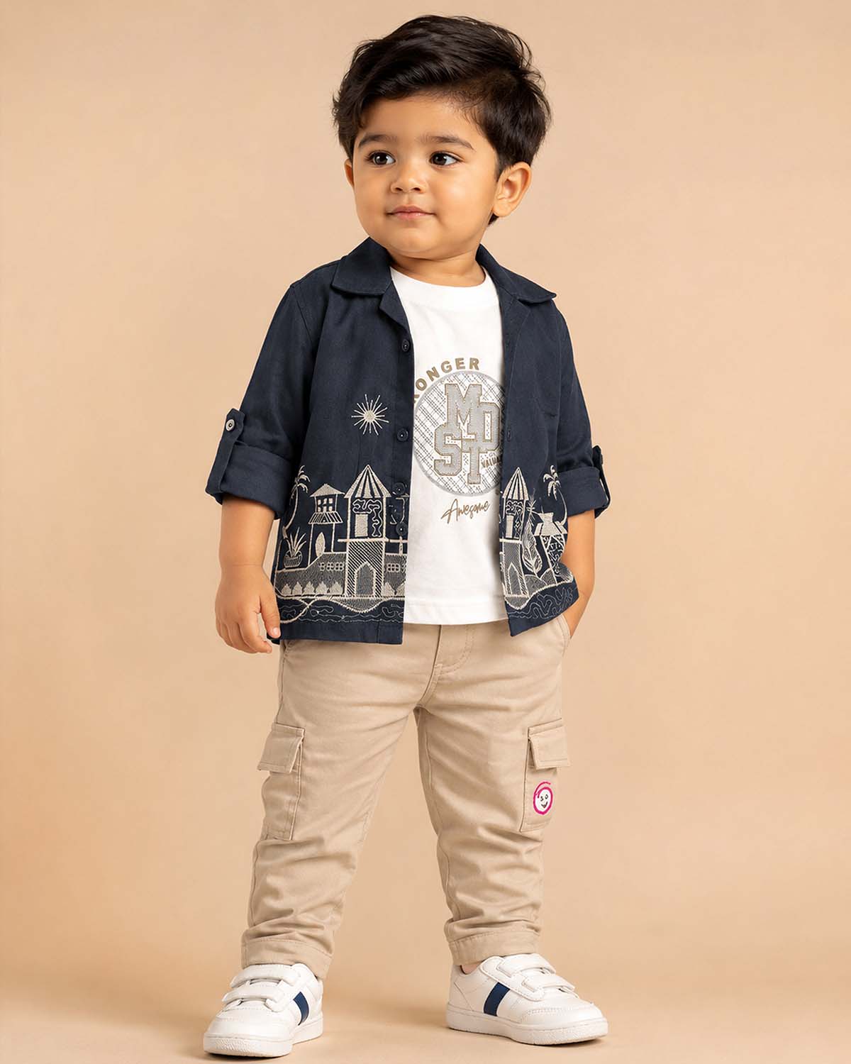 Boys linen shirt and pant set with landscape embroidery and cargo pockets