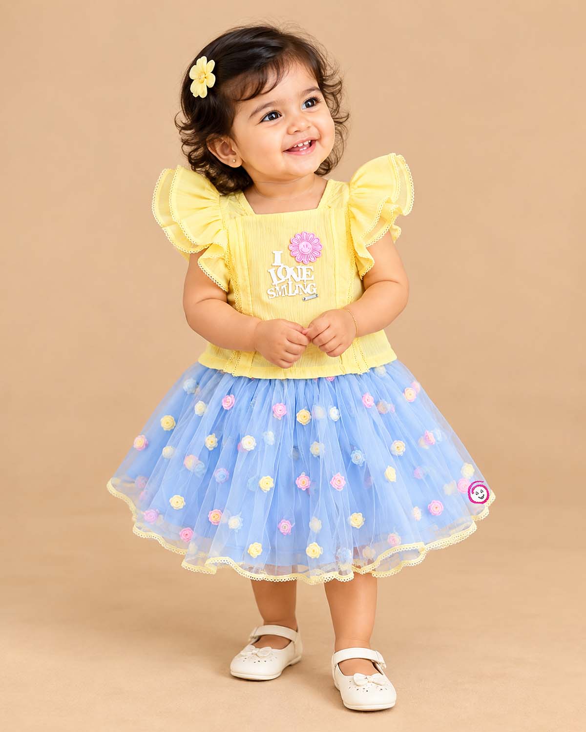 girls top and skirt set with flutter sleeves and floral net tutu skirt for birthday party wear