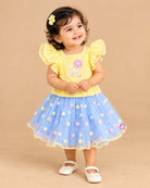 girls top and skirt set with flutter sleeves and floral net tutu skirt for birthday party wear