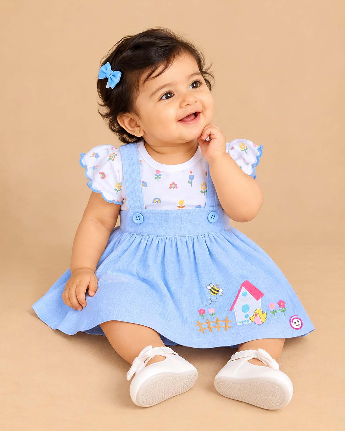 Baby girl cotton pinafore dress with frill sleeve printed t-shirt set for casual wear