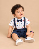 Toddler printed cotton suspender set with bow shirt for party wear
