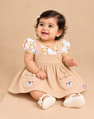 Infant pinafore dress set with printed short sleeve top and cute bear pocket dress for infant daily wear