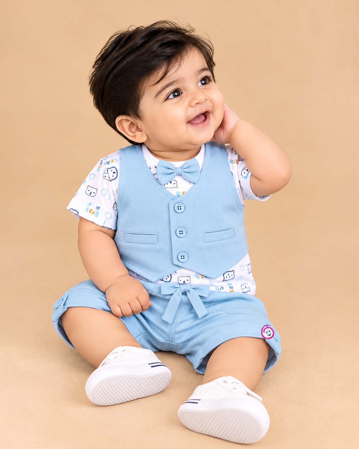 Boys clothing set featuring printed t-shirt with attached vest and matching shorts for toddler party wear