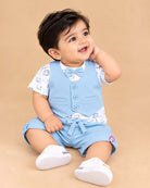 Boys clothing set featuring printed t-shirt with attached vest and matching shorts for toddler party wear