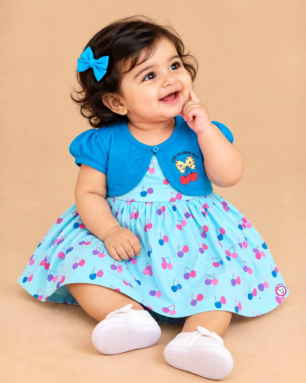 Toddler casual cotton frock with attached bolero overlay for playdates and daily wear