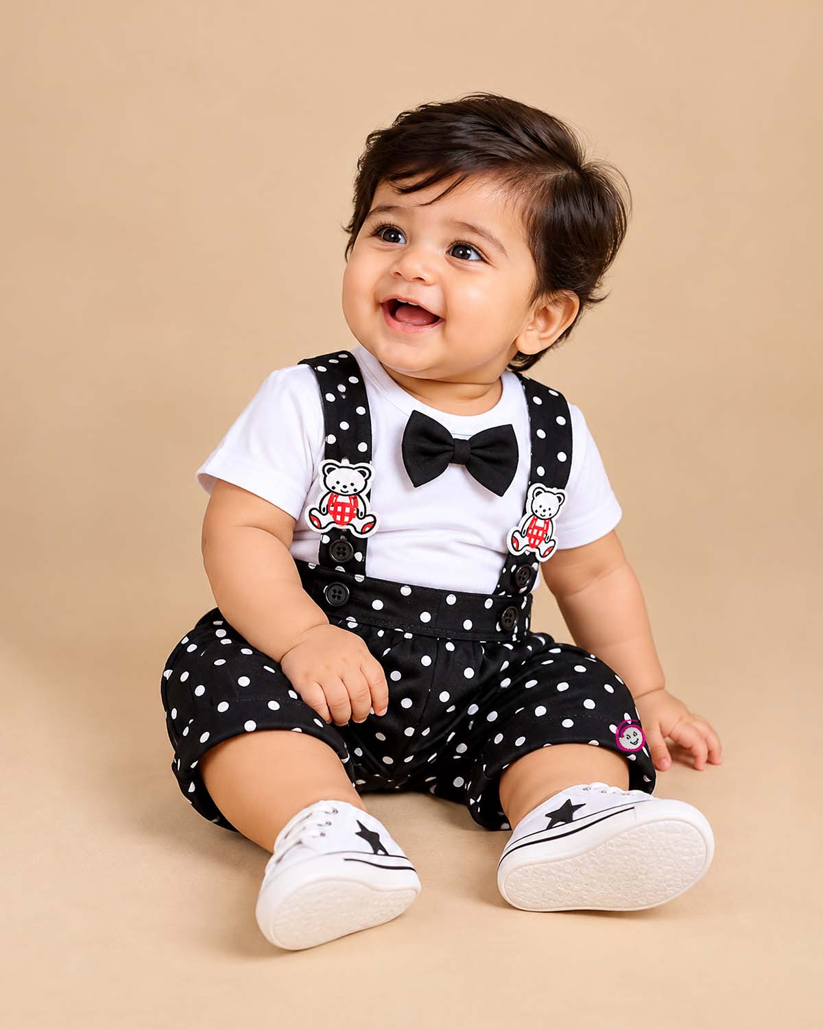 Infant dungaree set with bow tie t-shirt and suspender shorts for baby boys party wear