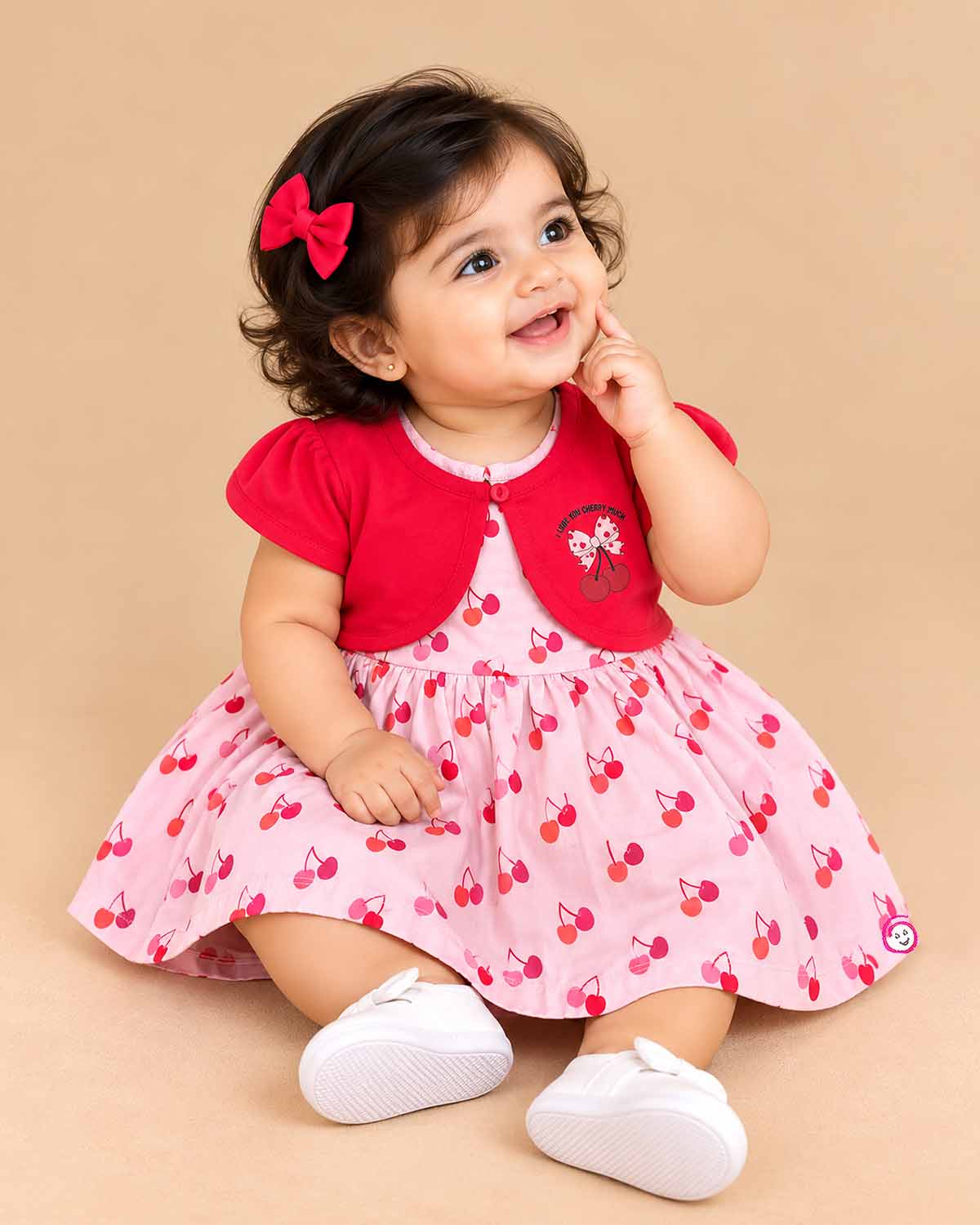 Infant cotton frock with short sleeves and cherry print for casual wear