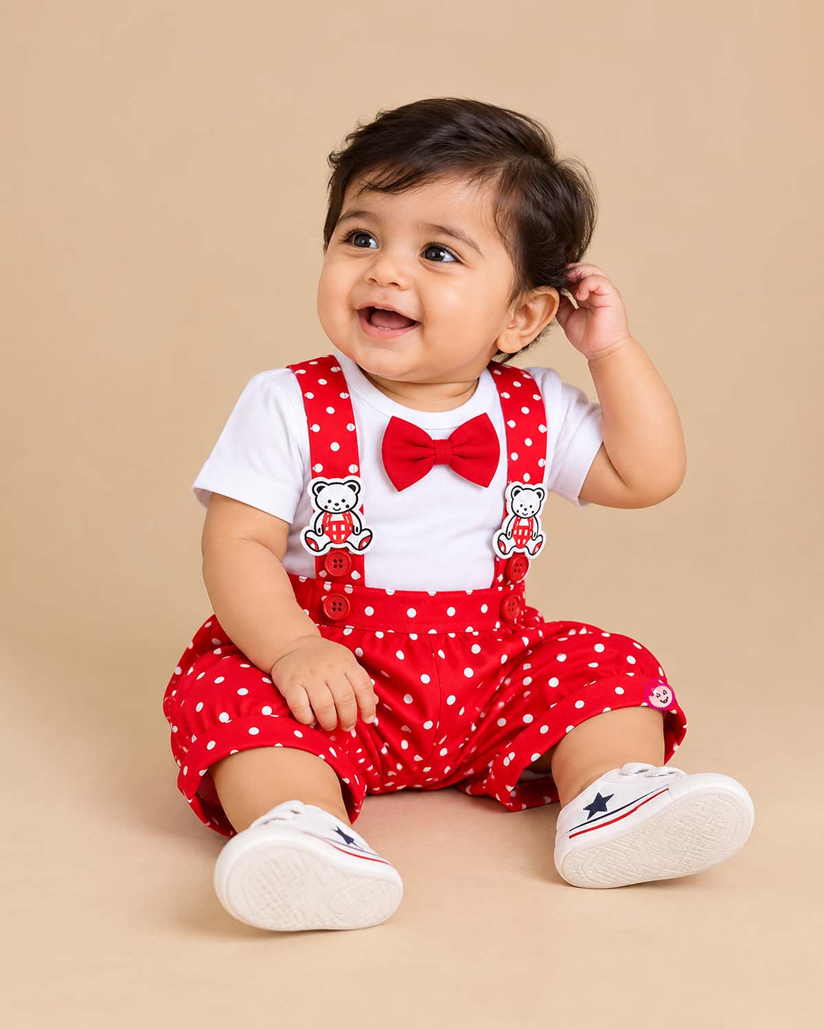 baby boy cotton dungaree set with bow tie and polka dots for birthday party