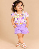 Floral printed Square Neck top paired with purple shorts set for girls