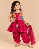 Girls pink patiyala set with embroidered mirror work jacket and dupatta