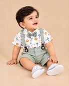 Infant boy printed shirt with bow tie and green suspender shorts dress for infant