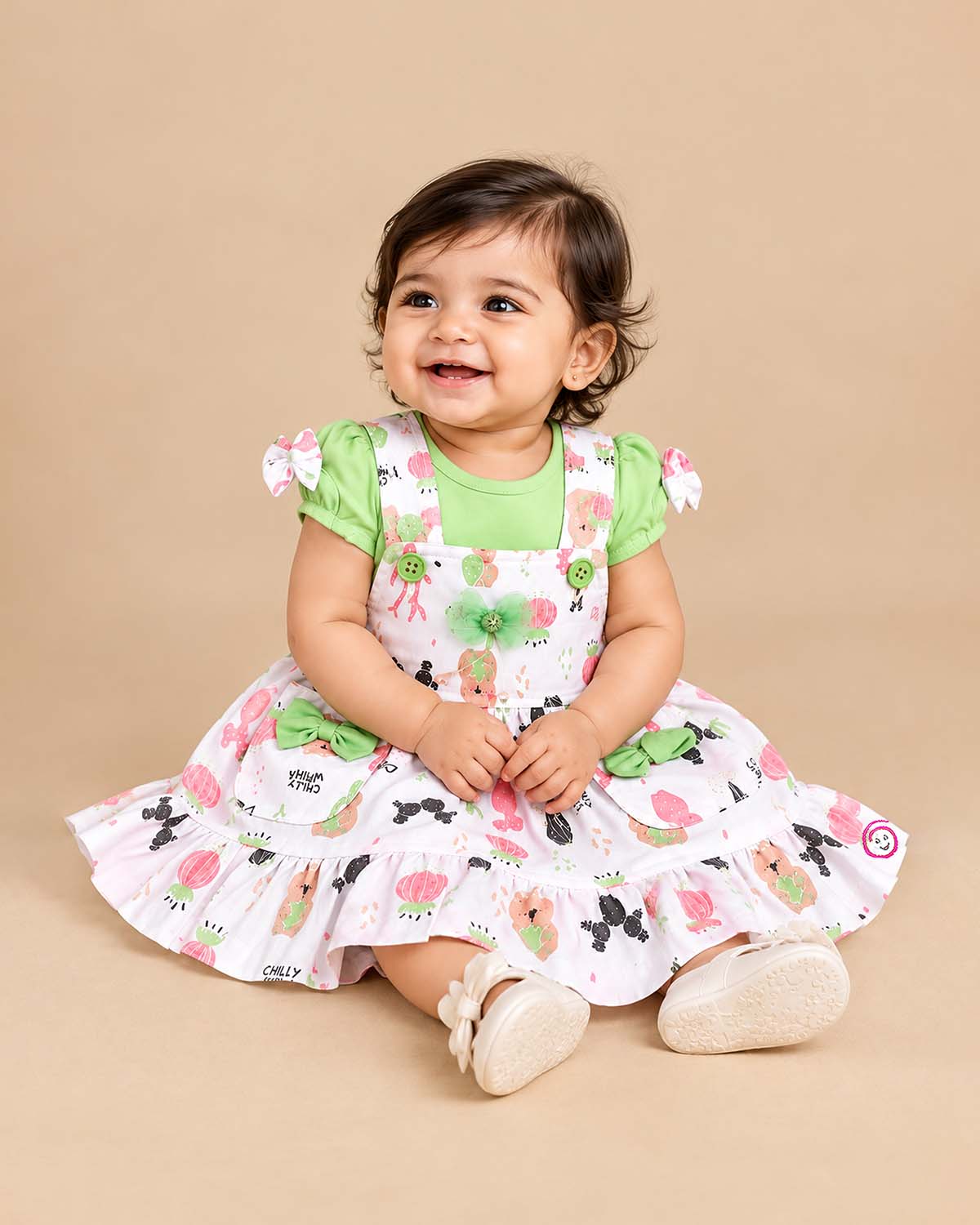 Baby girl pinafore dress set with bow puff  sleeves t-shirt for casual wear