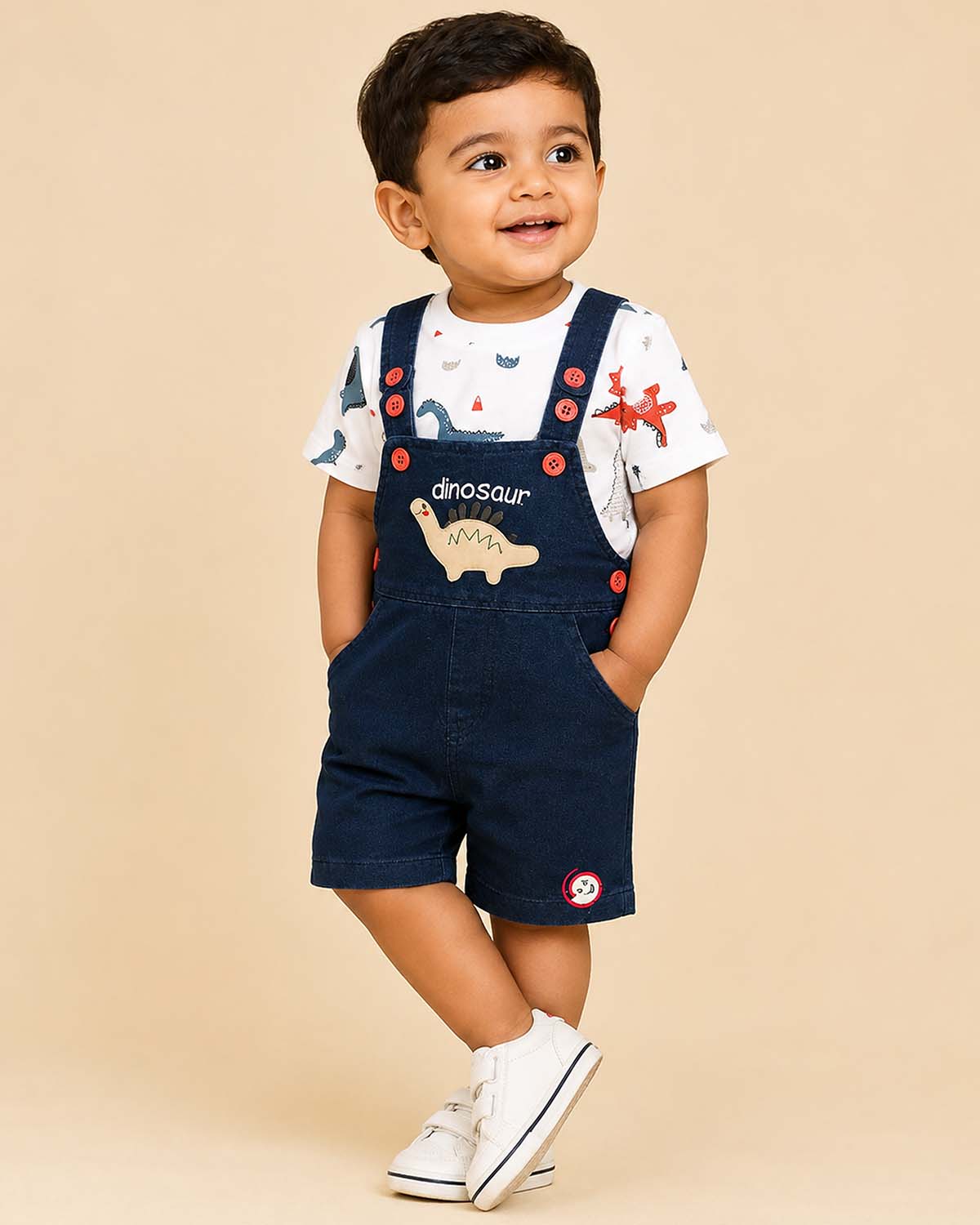 Trendy little gentleman dinosaur printed tee with embroidered denim bib shorts set for kids
