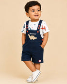 Trendy little gentleman dinosaur printed tee with embroidered denim bib shorts set for kids
