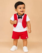 Toddler boys casual two-piece outfit featuring a short-sleeve top with a striped print and bow tie design, paired with matching elastic-waist shorts.