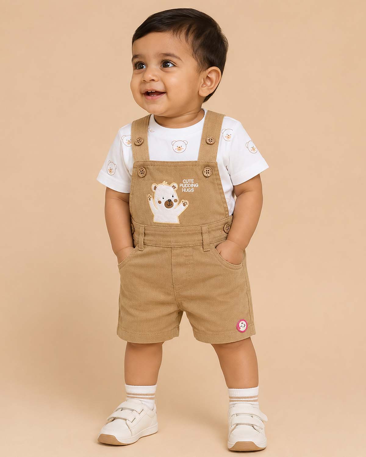 Adorable junior menswear bear face printed t-shirt paired with embroidered corduroy dungaree shorts