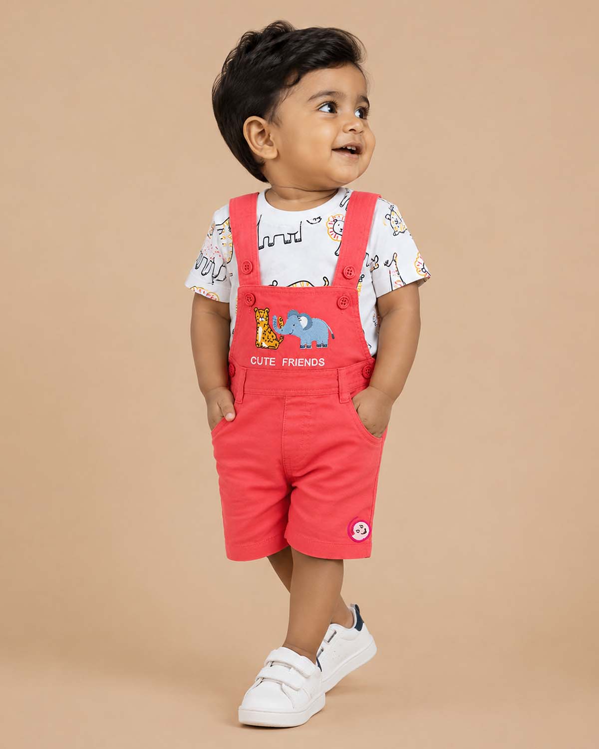 Adorable little gentleman safari animal print tshirt paired with embroidered friends short dungarees