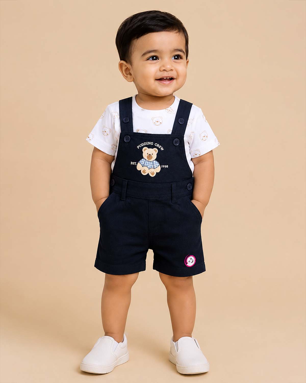 Stylish junior statement piece bear printed short sleeve shirt paired with corduroy overalls