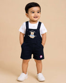 Stylish junior statement piece bear printed short sleeve shirt paired with corduroy overalls