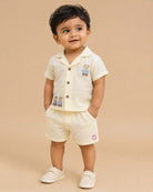 Little explorer button down short sleeve shirt and shorts set with cute train embroidery for toddlers