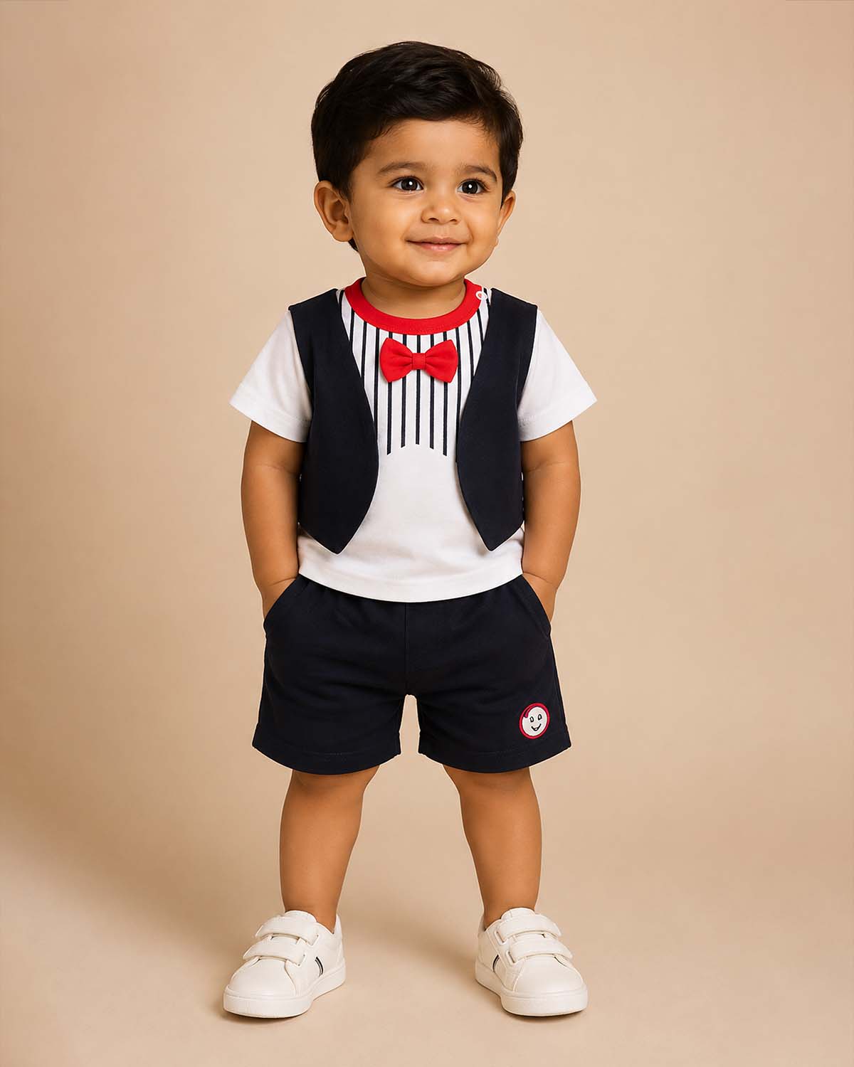 Dapper young prince tuxedo printed top and shorts set with bow detail for kids casual wear 