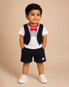 Dapper young prince tuxedo printed top and shorts set with bow detail for kids casual wear 