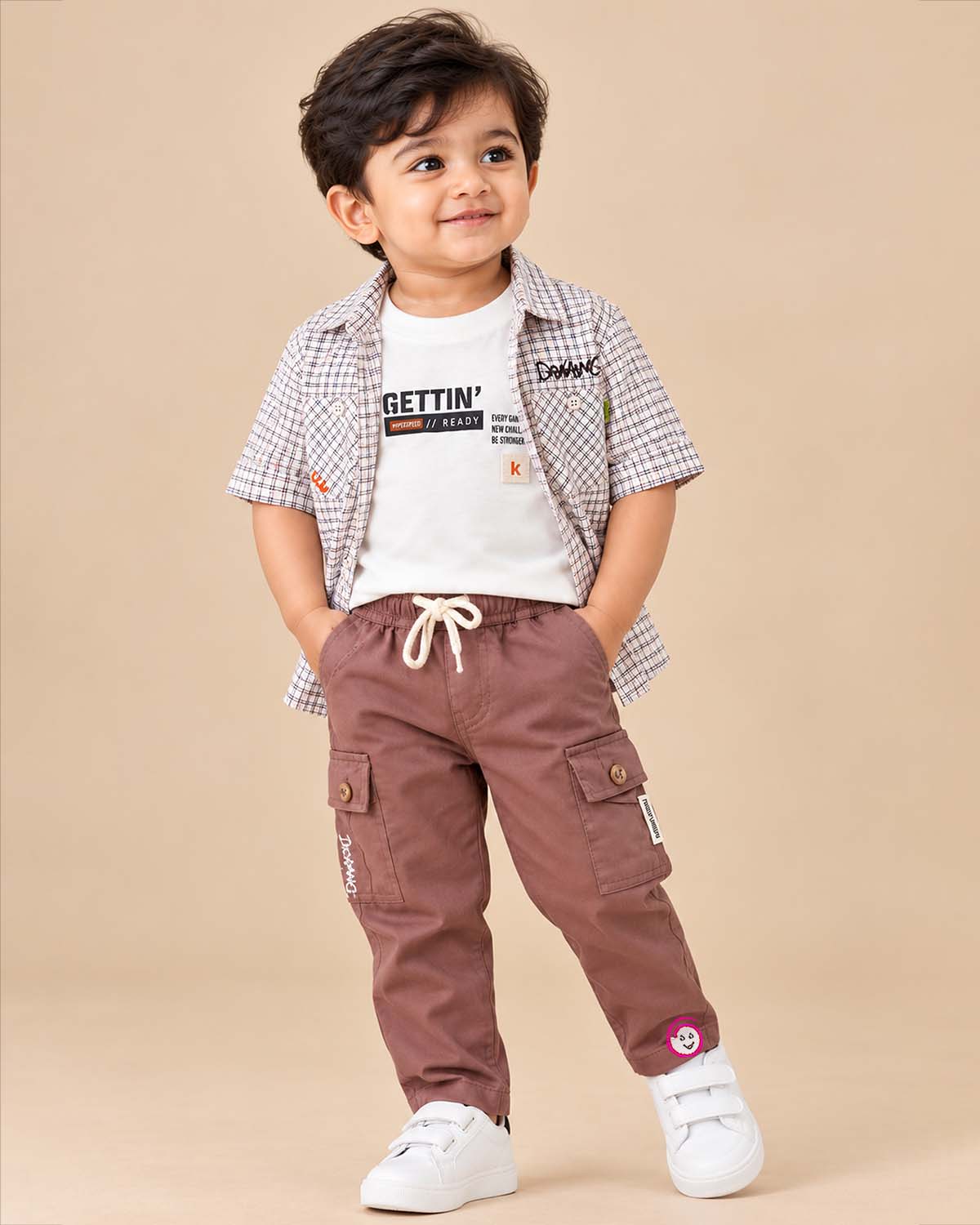 Checkered button down shirt and pant styled as kids western wear with utility flap pockets.