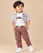 Checkered button down shirt and pant styled as kids western wear with utility flap pockets.