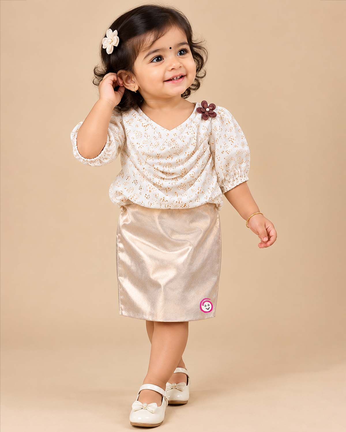 Textured Schiffli Cowl Neck Midi Dress with Puff Sleeves as a Baby Party Wear Dress