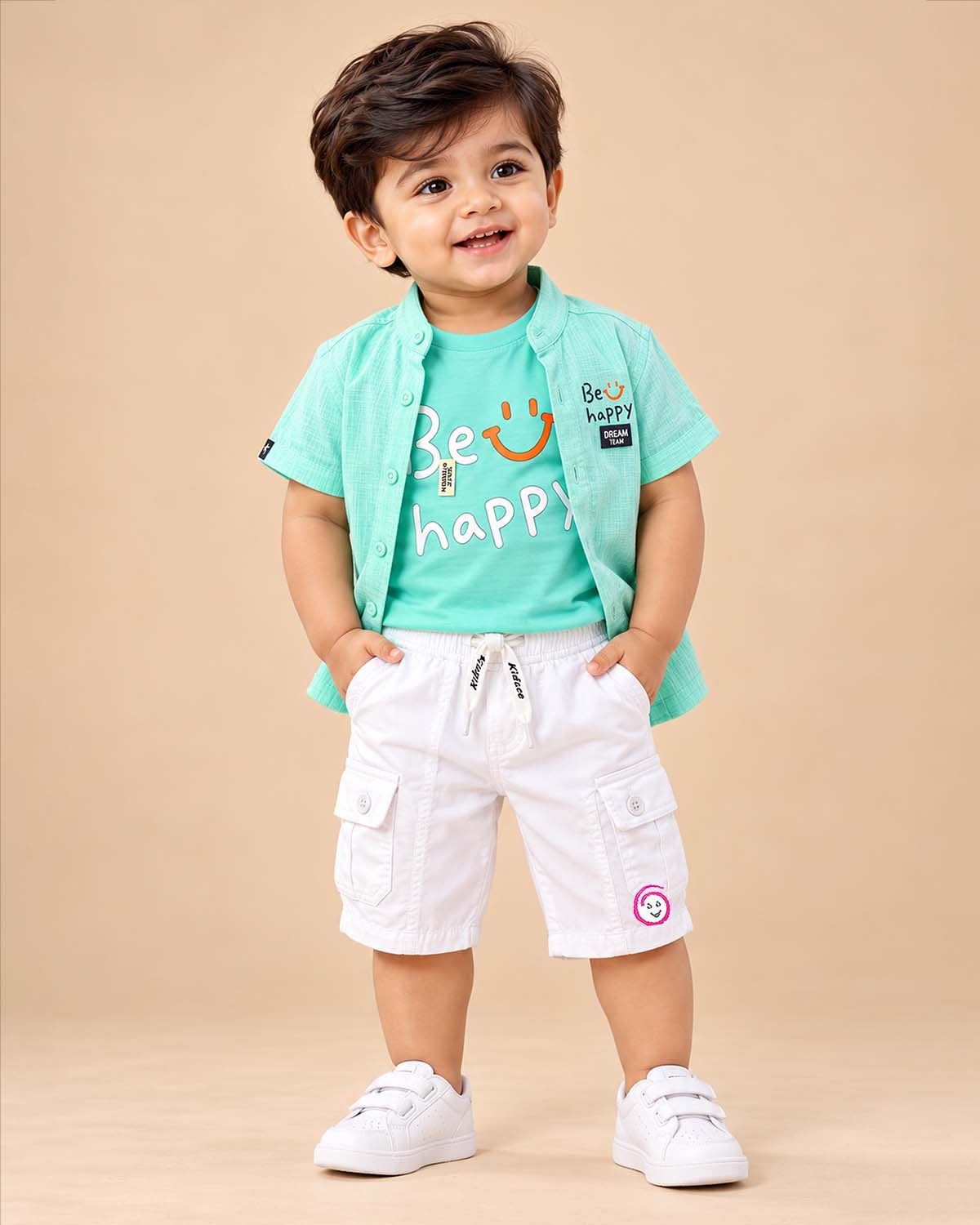 Collar button down shirt and shorts styled as western wear for boys with typographic chest print.
