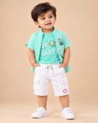 Collar button down shirt and shorts styled as western wear for boys with typographic chest print.