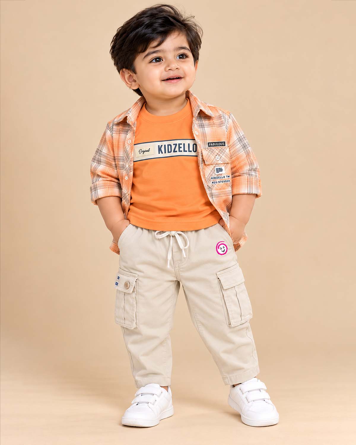 Toddler wearing checkered button-down shirt and pant designed as western dress for boys.
