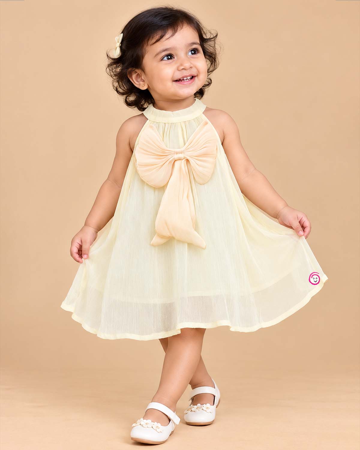 Toddler georgette casual frock with bow detail sleeveless halter neck party outfit for girls